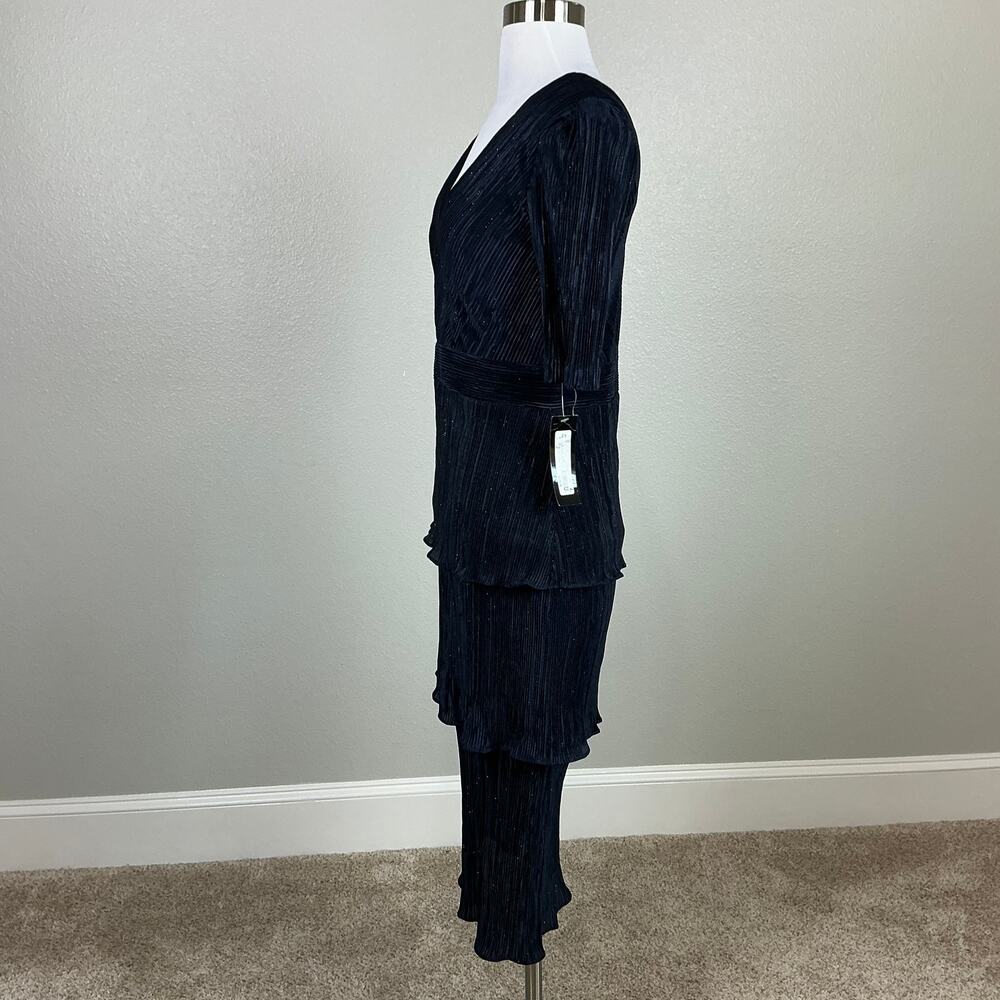 XSCAPE Pleated Sparkly Chiffon Midi Sheath Cocktail Dress Navy Blue Size 8 - Picture 6 of 13